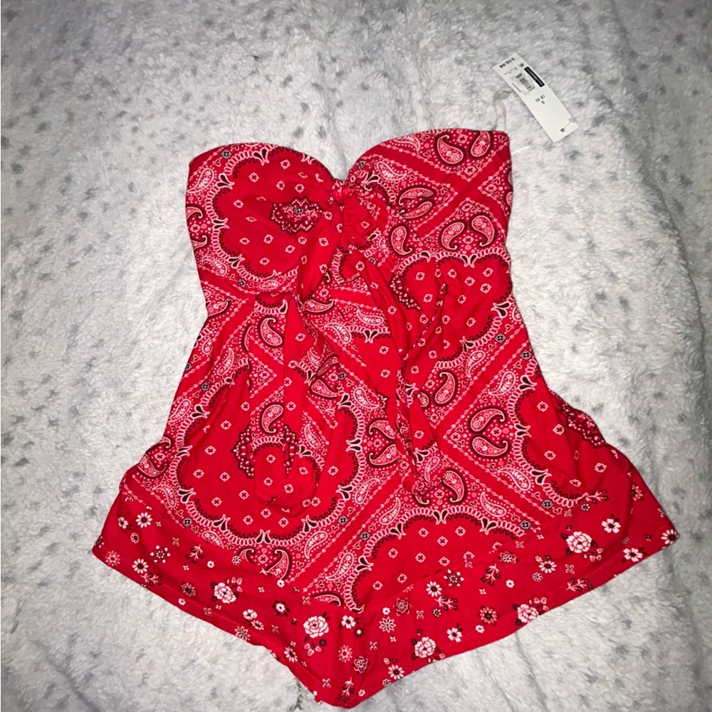 Red Bandana Print Strapless Top